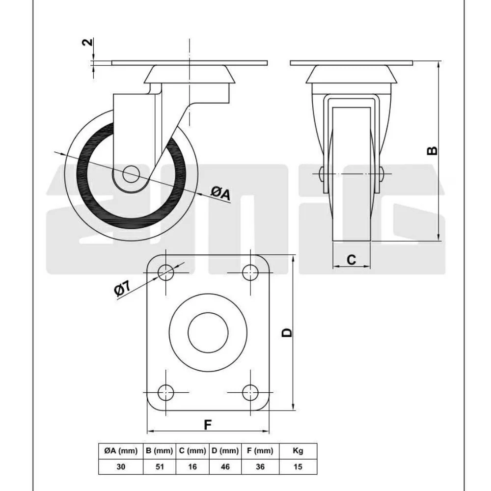 Kółka gumowe meblowe Ø30mm AMIG