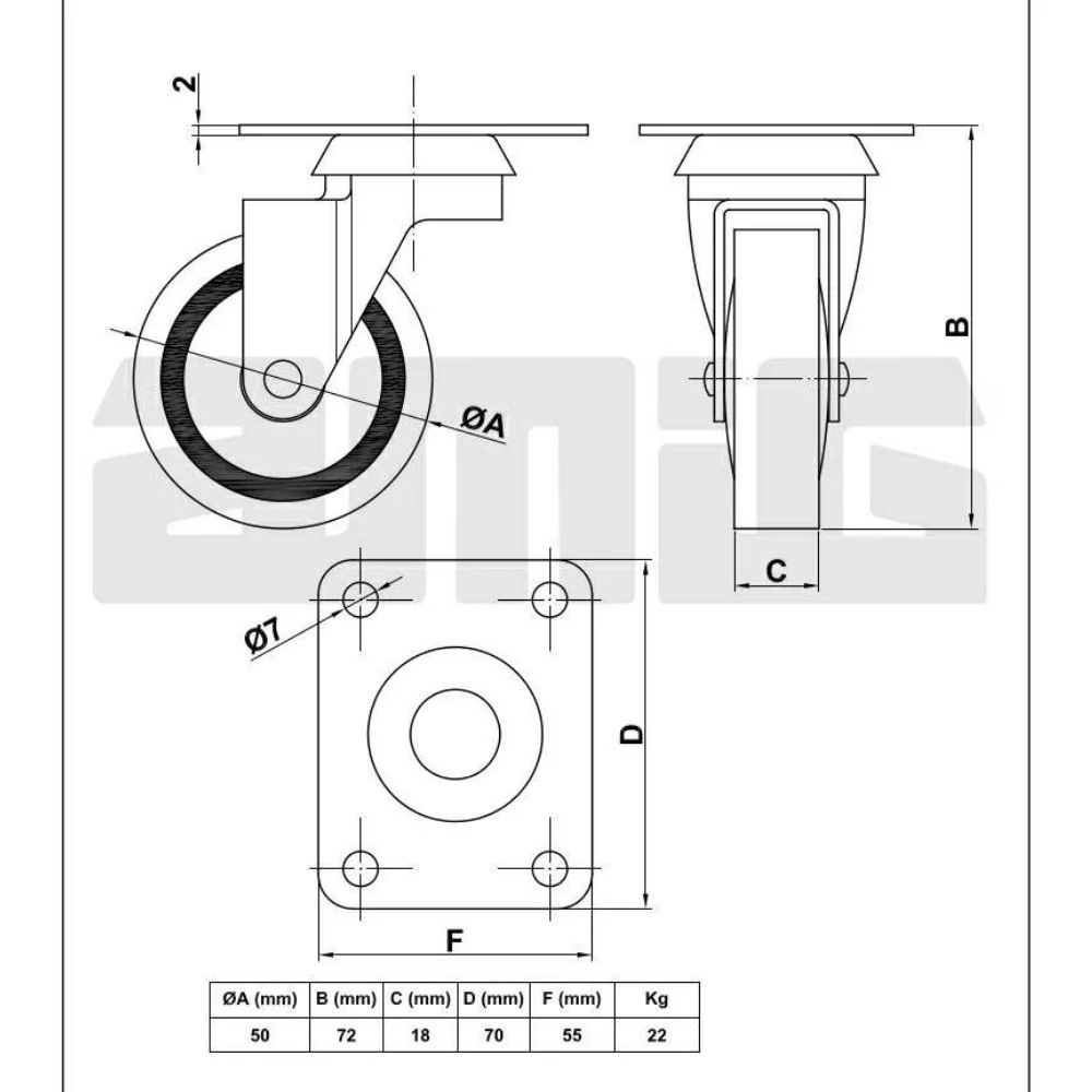 Kółka gumowe meblowe Ø50mm AMIG