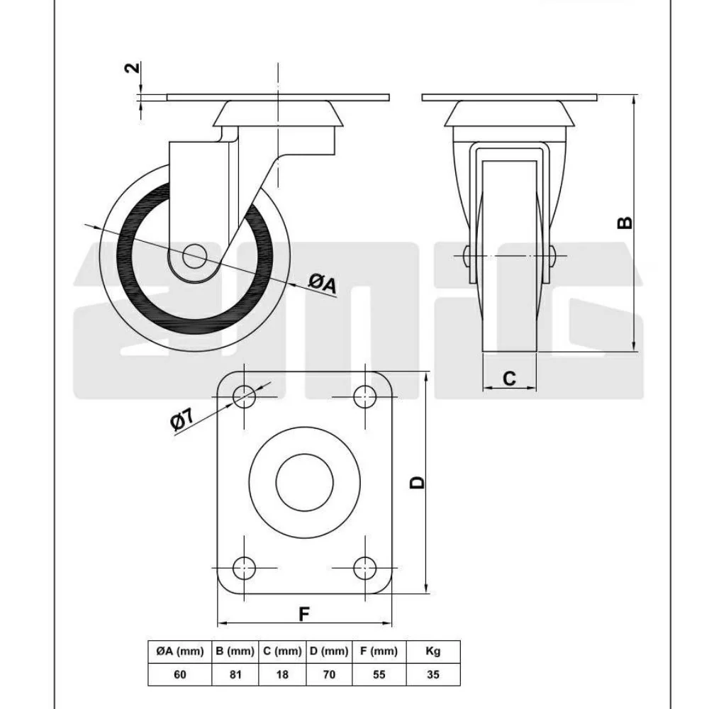 Kółka gumowe meblowe Ø60mm AMIG