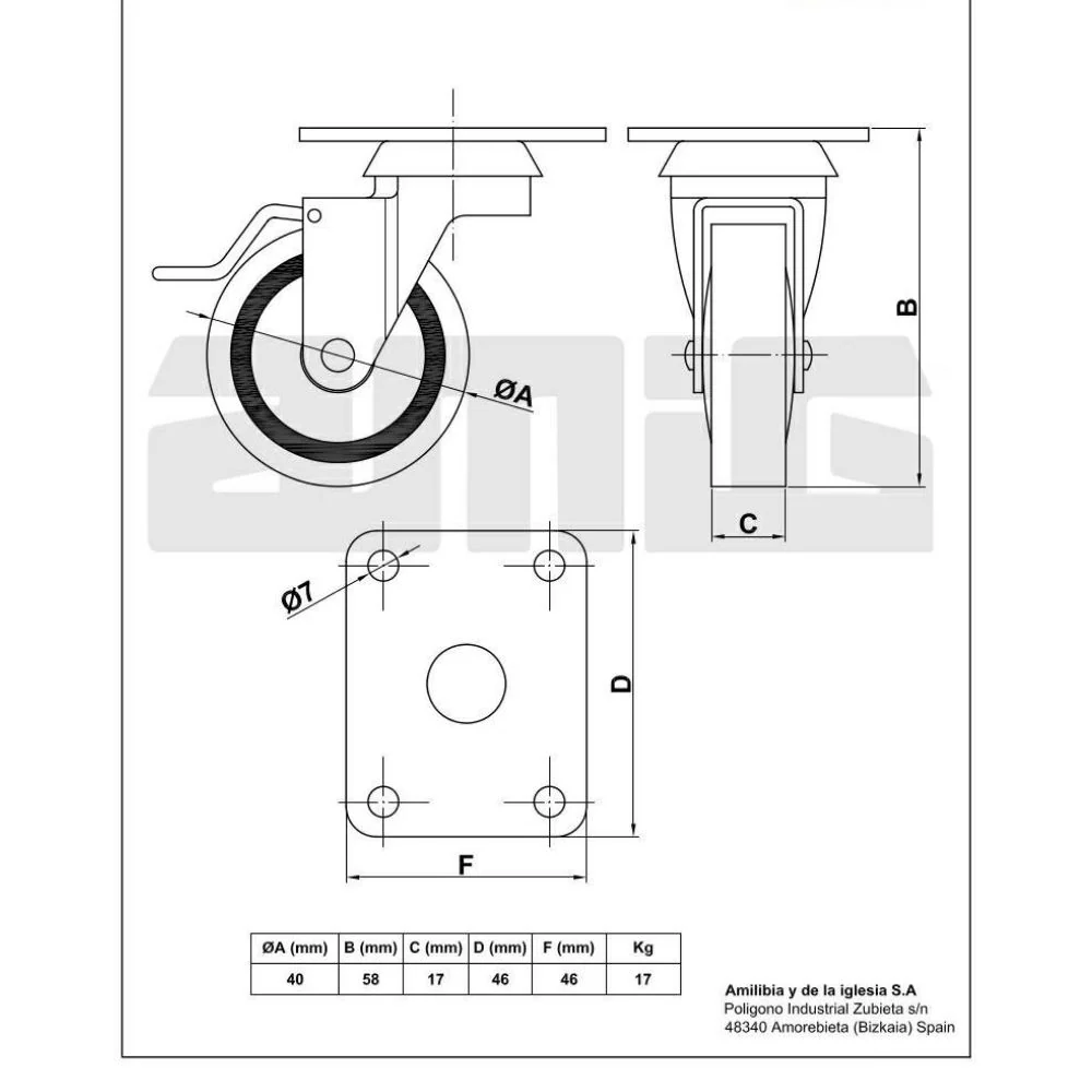Kółka gumowe meblowe z hamulcem Ø40mm AMIG