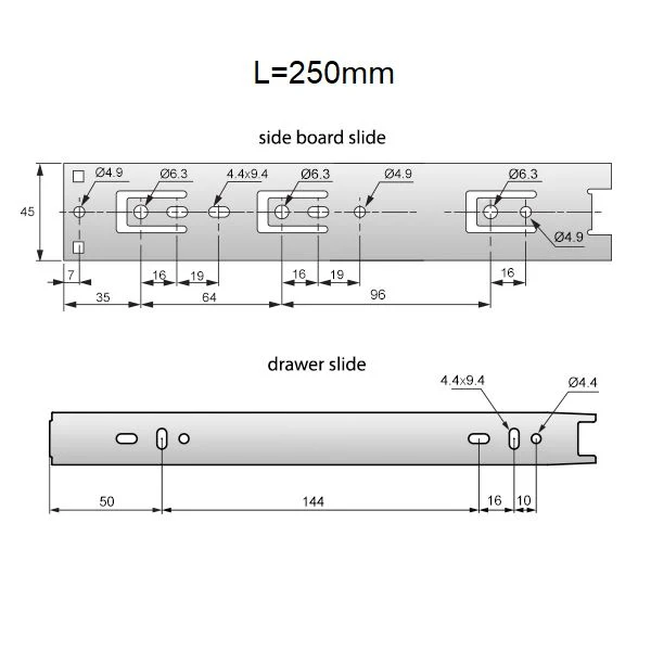 Komplet prowadnic kulkowych H45 do szuflady NTP