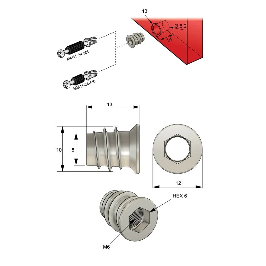 Nakrętka M6 z gwintem zewnętrznym 10x13mm - 1000 sztuk NTP