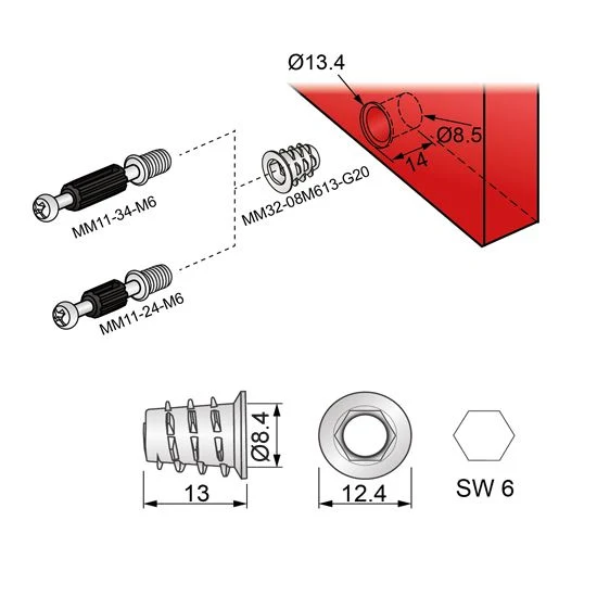 Nakrętka M6 z gwintem zewnętrznym 8x13mm - 1000 sztuk NTP