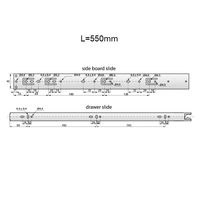 Prowadnice do szuflad push to open 550mm - H45 (lewa oraz prawa) NTP
