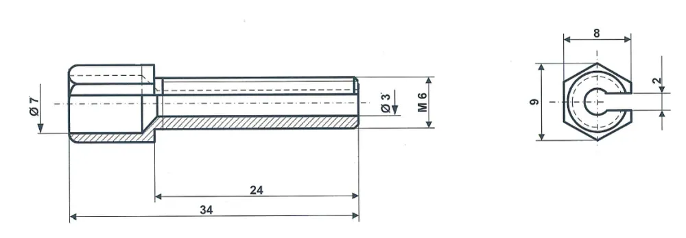 Śruby ustalające z rowkiem, mocowane za pomocą nakrętki rowkowej M 6 x 34, mosiądz niklowany Fix Nippel