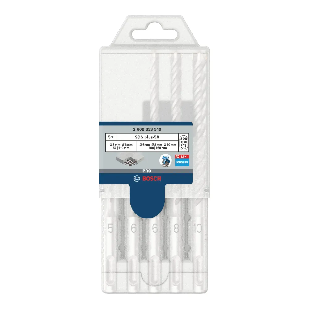 Zestaw wierteł udarowych Bosch PRO SDS Plus-5X 5 szt. 5 / 6 / 8 / 10 mm ( 2608833910 ) do młotów udarowo-obrotowych