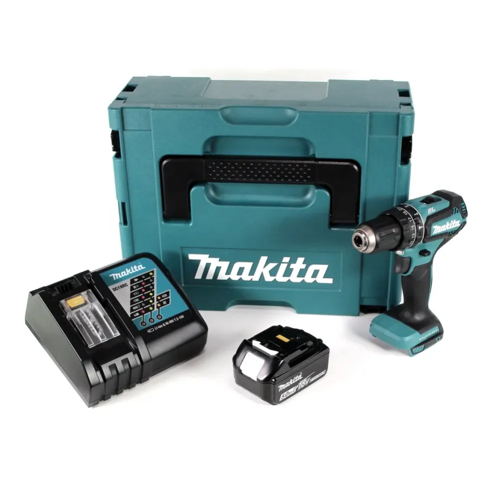 Akumulatorowa wiertarko-wkrętarka udarowa Makita DHP 485 RT1J 18 V Li-Ion w walizce Makpac + 1x akumulator 5,0 Ah + ładowarka