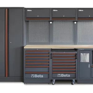Beta C45PRO 2.0 W Modułowe stanowisko robocze 2955x645x2000mm z drewnianym blatem w kolorze szarym