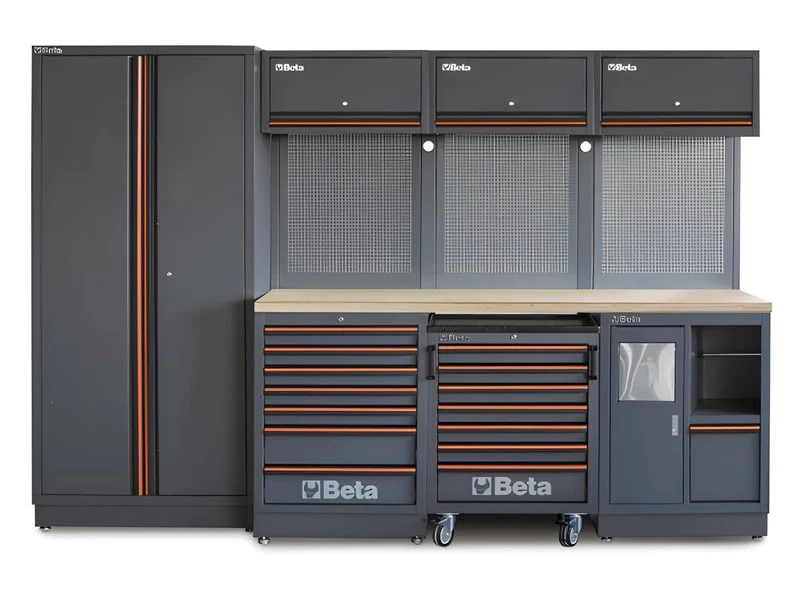 Beta C45PRO 2.0 W Modułowe stanowisko robocze 2955x645x2000mm z drewnianym blatem w kolorze szarym