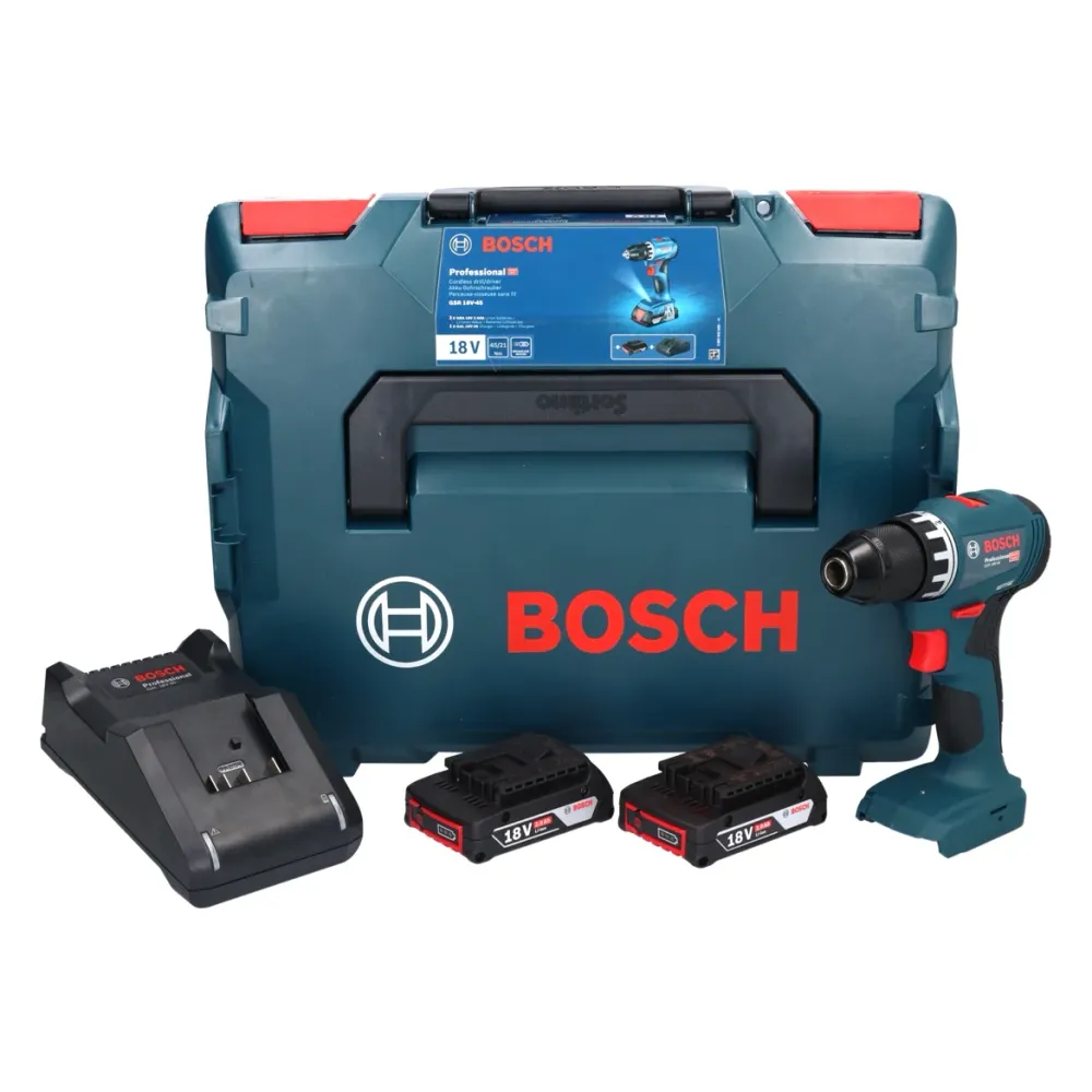 Akumulatorowa wiertarko-wkrętarka Bosch GSR 18V-45 18 V 45 Nm bezszczotkowa + 2x akumulator 2,0 Ah + ładowarka + L-Boxx Bo...