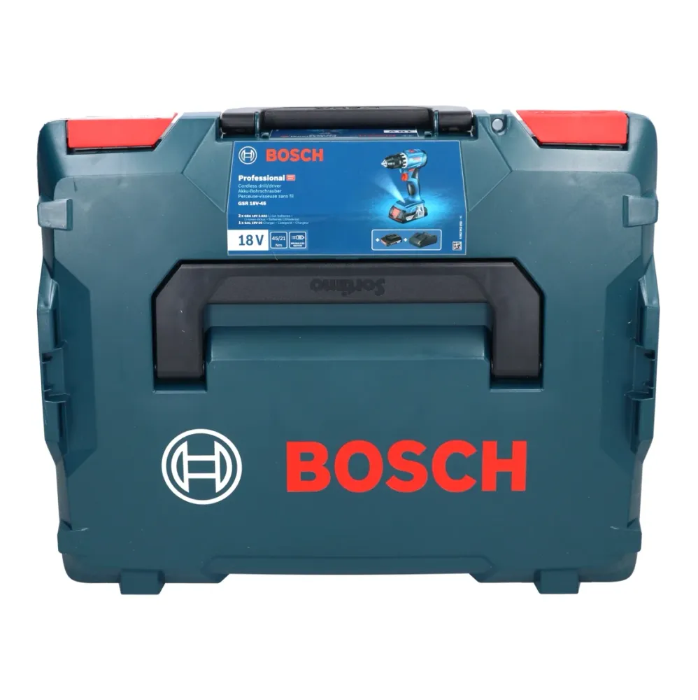 Akumulatorowa wiertarko-wkrętarka Bosch GSR 18V-45 18 V 45 Nm bezszczotkowa + 2x akumulator 2,0 Ah + ładowarka + L-Boxx Bo...