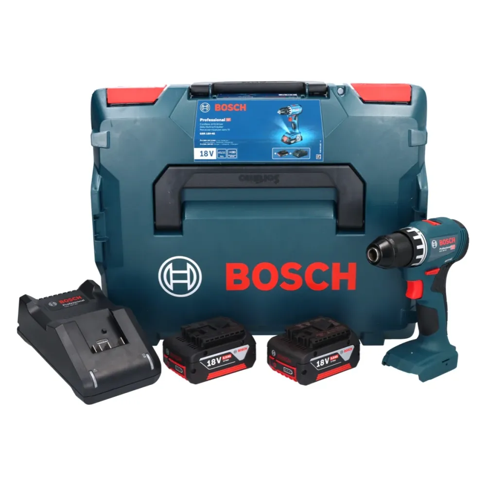 Akumulatorowa wiertarko-wkrętarka Bosch GSR 18V-45 18 V 45 Nm bezszczotkowa + 2x akumulator 5,0 Ah + ładowarka + L-Boxx Bo...