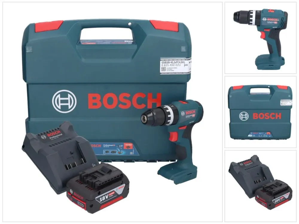 Bosch GSB 18V-45 Profesjonalna akumulatorowa wiertarko-wkrętarka udarowa 18 V 45 Nm bezszczotkowa + 1x akumulator 4,0 Ah +...
