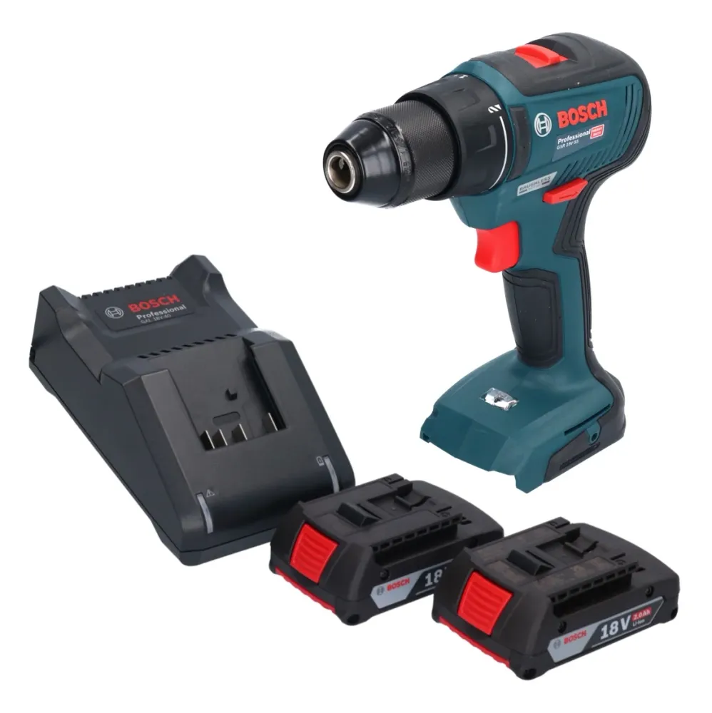 Bosch GSR 18V-55 Profesjonalna akumulatorowa wiertarko-wkrętarka 18 V 55 Nm bezszczotkowa + 2x akumulator 2,0 Ah + ładowar...