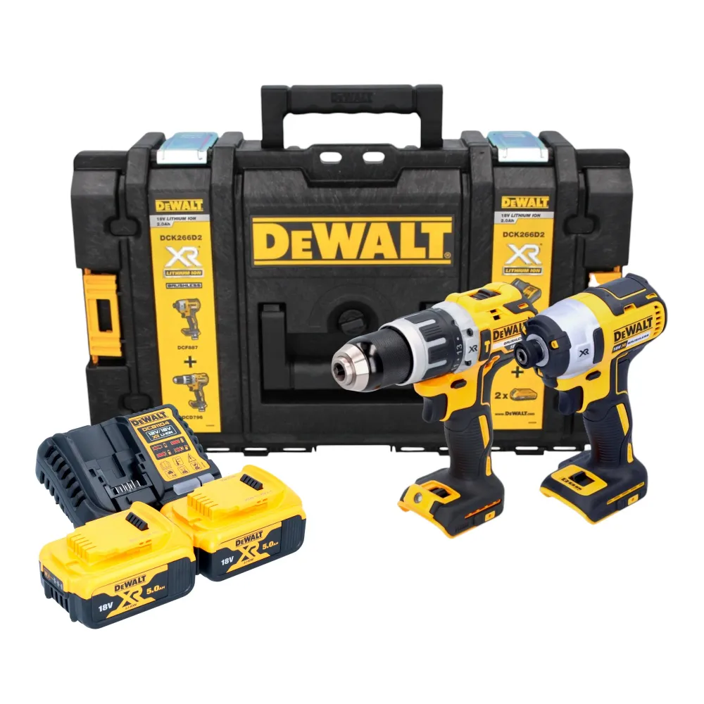 Akumulatorowy zestaw kombi DeWalt DCK 266 P2T 18 V wiertarko-wkrętarka udarowa DCD 796 + wkrętarka udarowa DCF 887 + 2x ak...