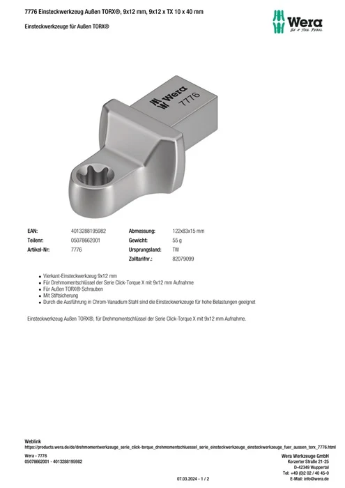 Klucz nasadowy Wera 7776 ( 8000377438 ) Szerokość w poprzek TX 10 9 x 12 mm