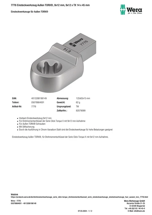 Klucz nasadowy Wera 7776 ( 8000377440 ) Szerokość w poprzek TX 14 9 x 12 mm