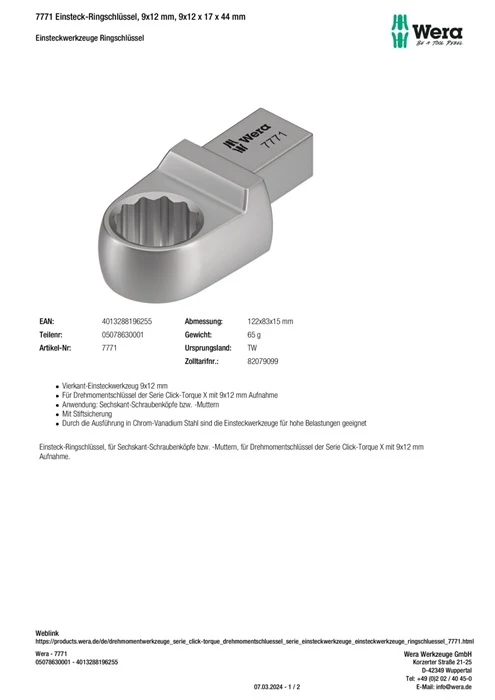 Klucz płasko-oczkowy Wera 7771 ( 8000377406 ) Szerokość między płaskownikami 17 mm 9 x 12 mm