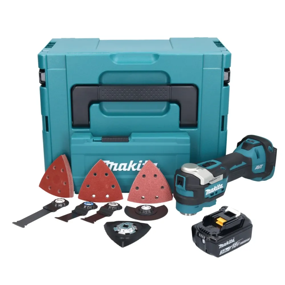 Akumulatorowe narzędzie wielofunkcyjne Makita DTM 52 F1JX4 18 V Starlock Max Brushless + 1x akumulator 3,0 Ah + zestaw akc...