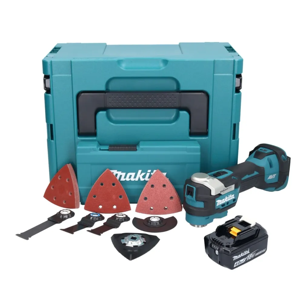 Akumulatorowe narzędzie wielofunkcyjne Makita DTM 52 M1JX4 18 V Starlock Max Brushless + 1x akumulator 4,0 Ah + zestaw akc...