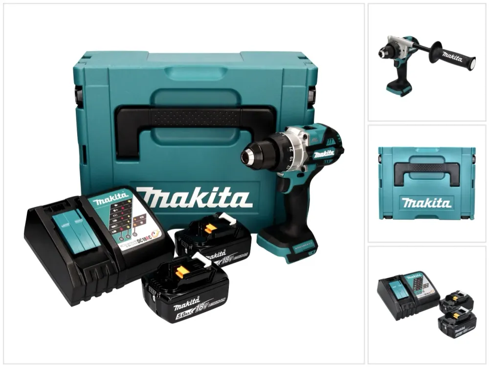 Makita DDF 486 RTJ akumulatorowa wiertarko-wkrętarka 18 V 130 Nm bezszczotkowa + 2x akumulator 5,0 Ah + ładowarka + Makpac
