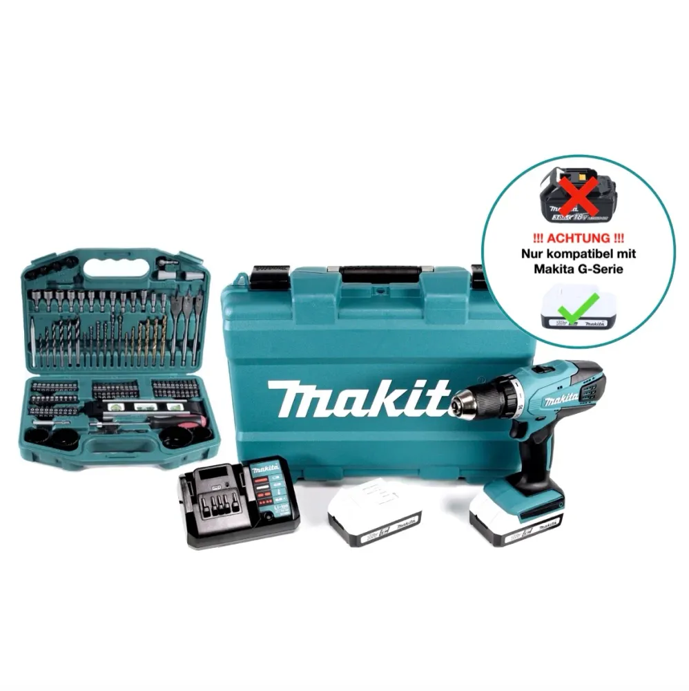 Makita DF 457 DWE 10 akumulatorowa wiertarko-wkrętarka 18 V 42 Nm seria G + 2x akumulator 1,5 Ah + ładowarka + 101-częścio...