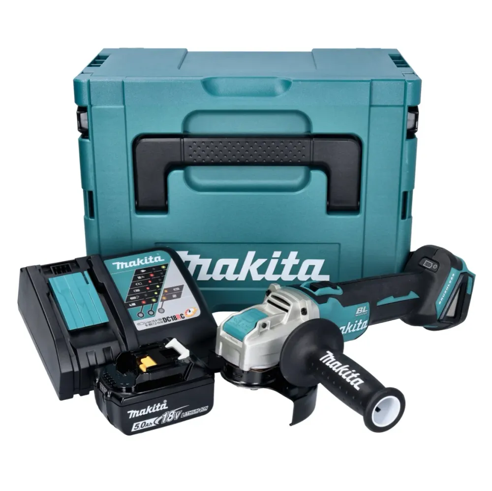 Makita DGA 521 RT1X1J akumulatorowa szlifierka kątowa 18 V 125 mm X-LOCK bezszczotkowa + 1x akumulator 5,0 Ah + ładowarka...
