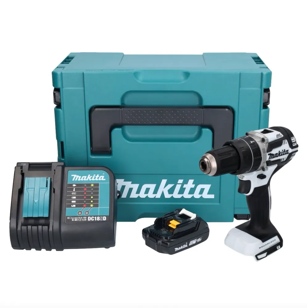 Makita DHP 484 SY1J W akumulatorowa wiertarko-wkrętarka udarowa 18 V 54 Nm bezszczotkowa biał + 1x akumulator 1,5 Ah + ład...