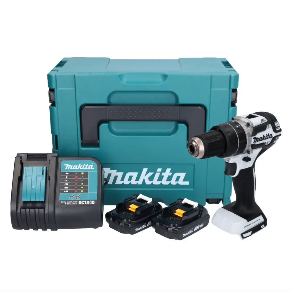 Makita DHP 484 SYJ W akumulatorowa wiertarka udarowa 18 V 54 Nm bezszczotkowa biał + 2x akumulator 1,5 Ah + ładowarka + Ma...