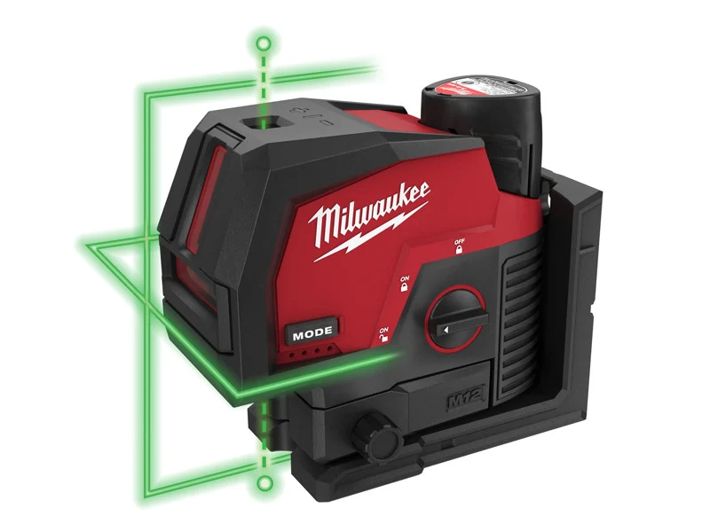 Milwaukee M12 CLLP zielony laser krzyżowy 2-liniowy zasięg 38m czas pracy 15h