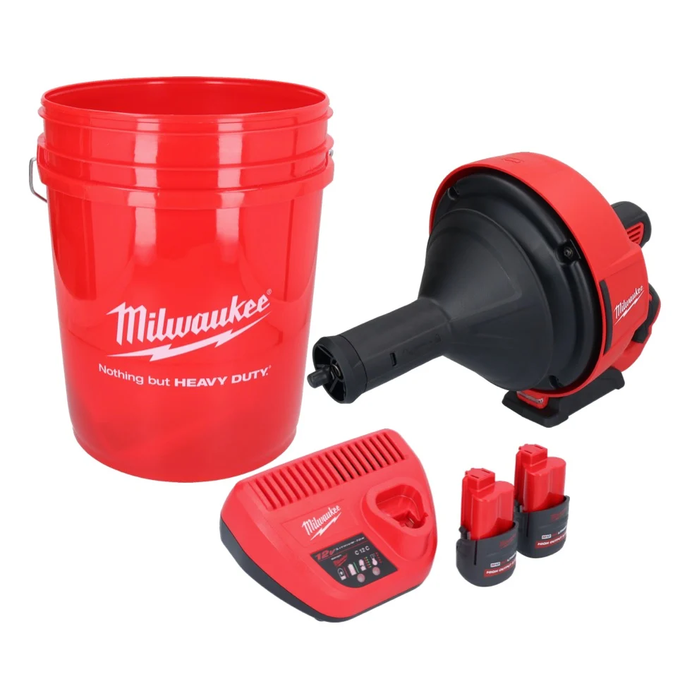 Milwaukee M12 BDC8-252C akumulatorowy udrażniacz do rur 12 V + 2x akumulator 2,5 Ah + ładowarka + spirala + wiadro