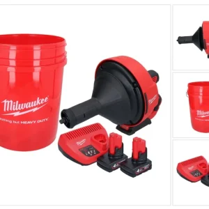 Milwaukee M12 BDC8-402C akumulatorowy udrażniacz rur 12 V + 2x akumulator 4,0 Ah + ładowarka + spirala + wiadro