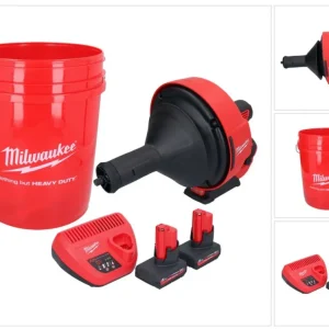 Milwaukee M12 BDC8-502C akumulatorowy udrażniacz do rur 12 V + 2x akumulator 5,0 Ah + ładowarka + spirala + wiadro
