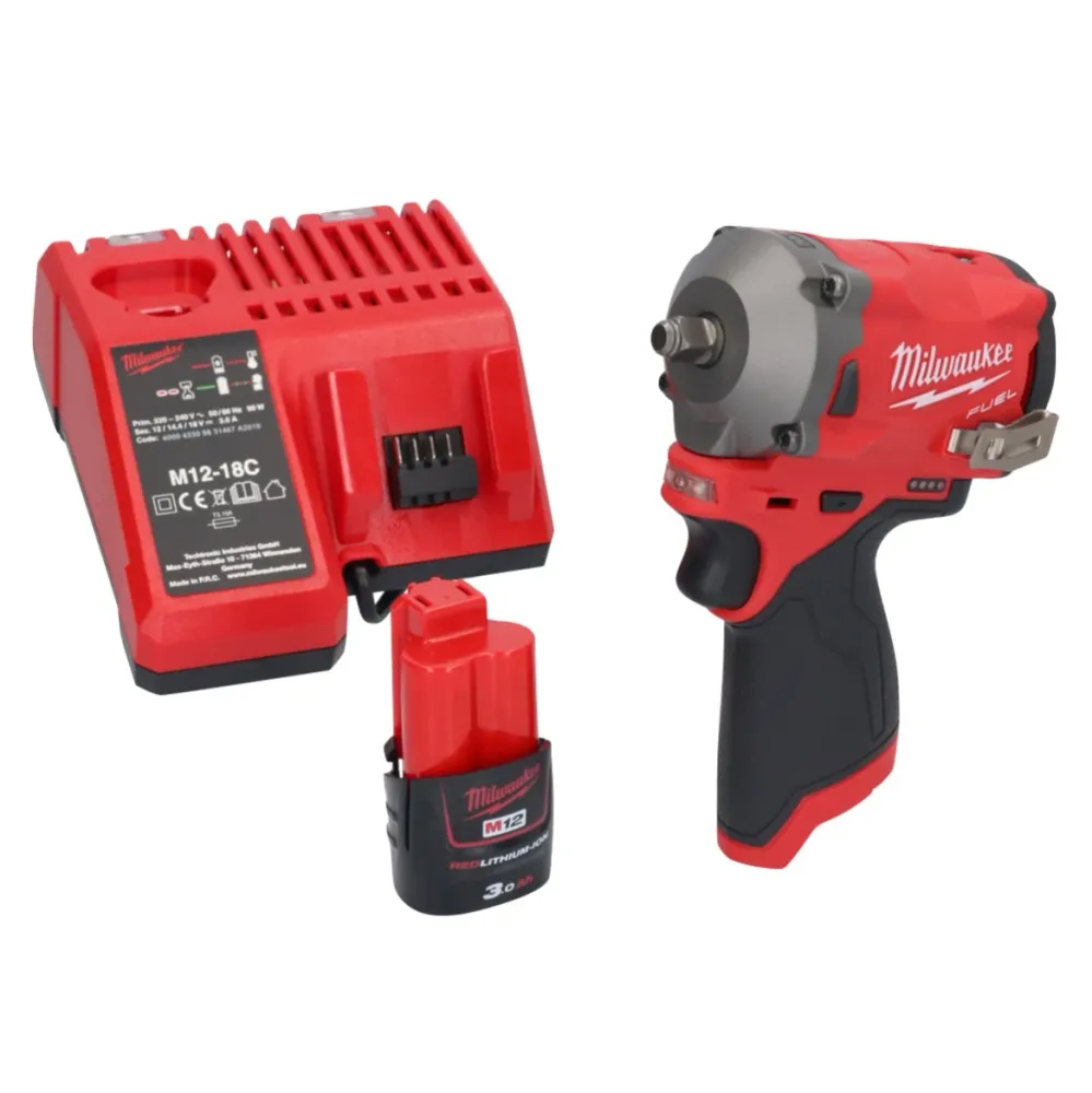 Milwaukee M12 FIW38-301C Akumulatorowy klucz udarowy 12 V 339 Nm 3/8" bezszczotkowy + 1x akumulator 3,0 Ah + ładowarka