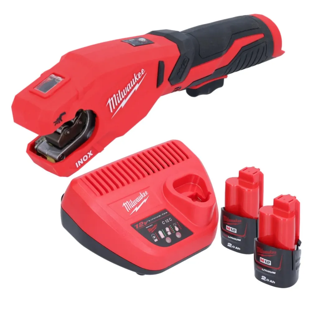 Milwaukee M12 PCSS-202 akumulatorowy obcinak do rur ze stali nierdzewnej 12 V 12 - 28 mm + 2x akumulator 2,0 Ah + ładowarka