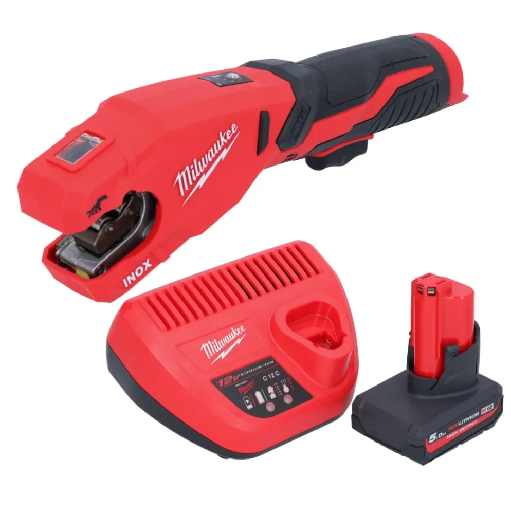 Milwaukee M12 PCSS-501 akumulatorowy obcinak do rur ze stali nierdzewnej 12 V 12 - 28 mm + 1x akumulator 5,0 Ah + ładowarka