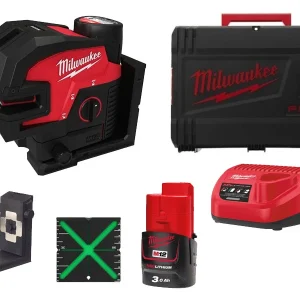 Milwaukee poziomica laserowa M12 CLL4P zielona 2-liniowa 4-punktowa zasięg 38m