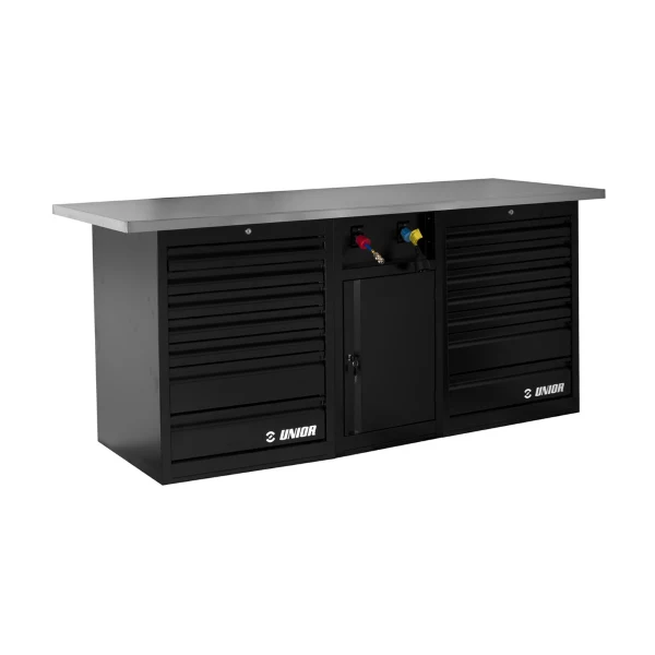 Unior - Pusty stół warsztatowy z przodu TECH BENCH 990TB3 z dwoma szufladami i podparciem zasilania bez oparcia i oświetle...