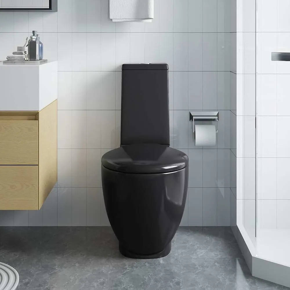 Ceramiczna toaleta ze spłuczką, okrągł, odpływ pionowy, czarna