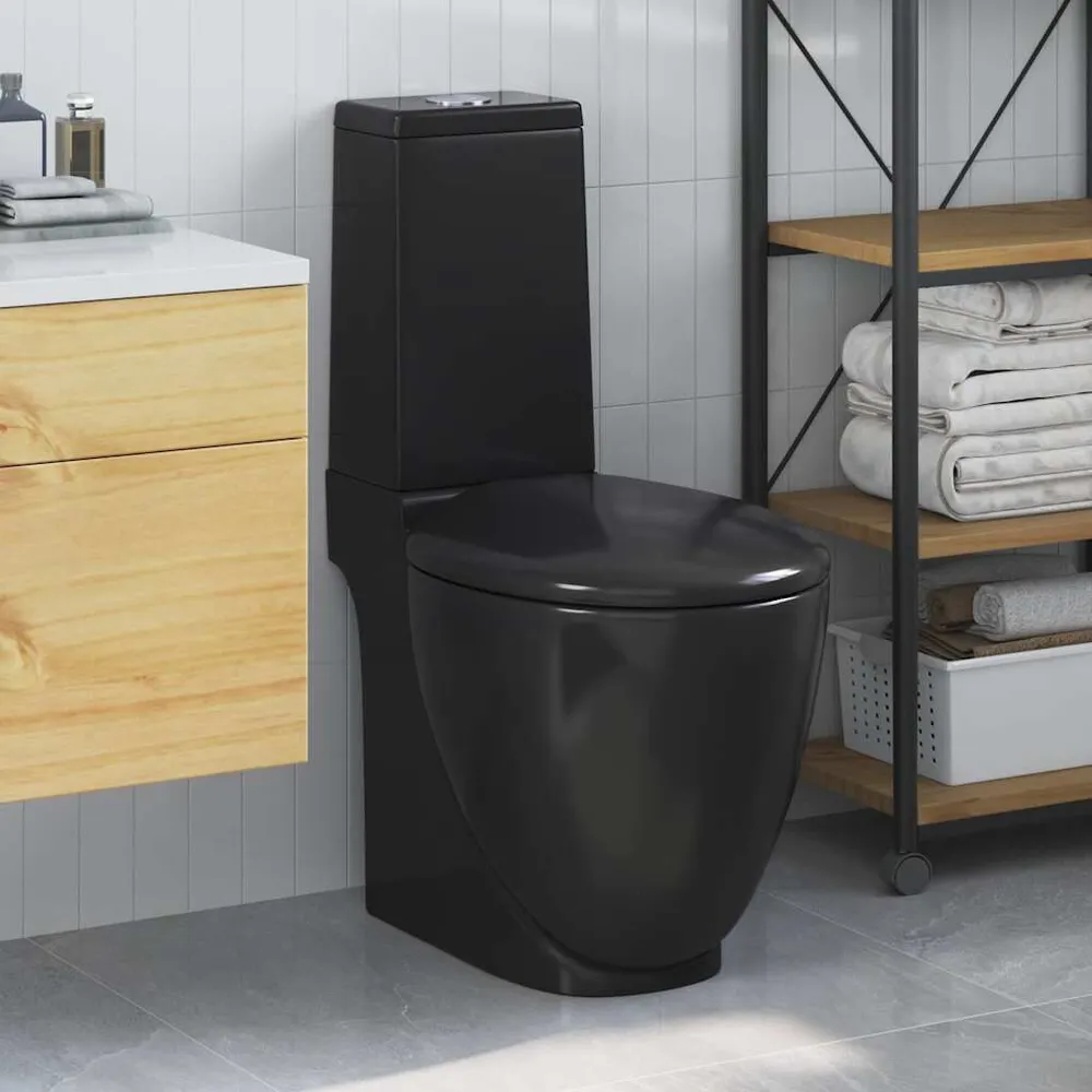 Ceramiczna toaleta ze spłuczką, okrągł, odpływ pionowy, czarna