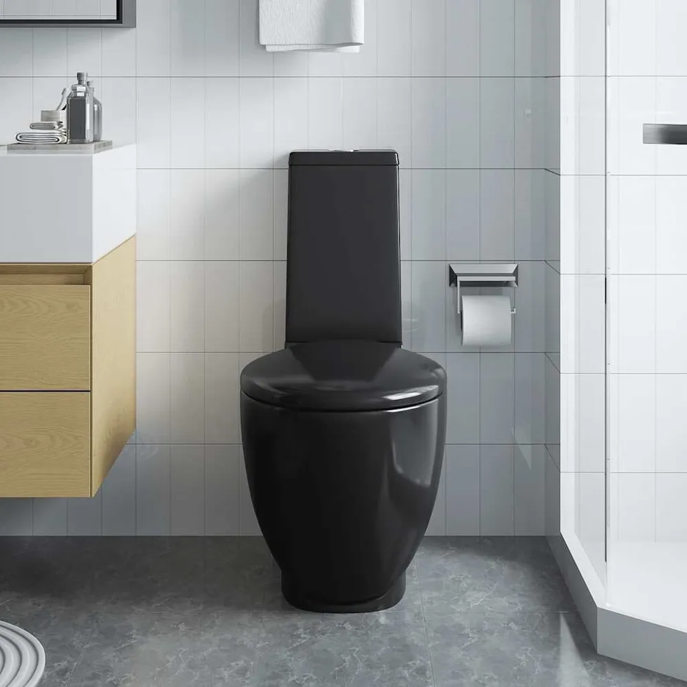 Ceramiczna toaleta ze spłuczką, okrągł, odpływ pionowy, czarna