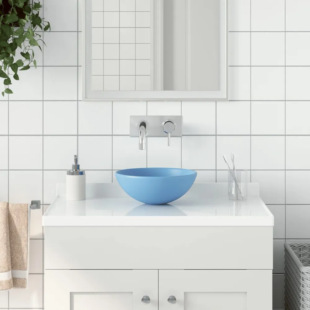 Umywalka łazienkowa, ceramiczna, jasnoniebieska, okrągł