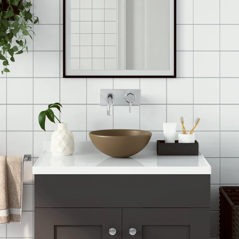 Umywalka łazienkowa, ceramiczna, matowa kremowa, okrągł