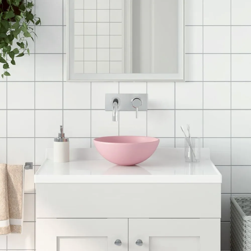 Umywalka łazienkowa, ceramiczna, matowy róż, okrągł