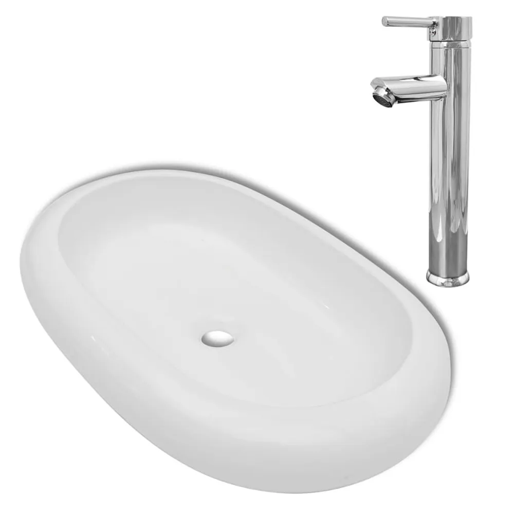 Umywalka z baterią mieszającą, ceramiczna, owalna, biał