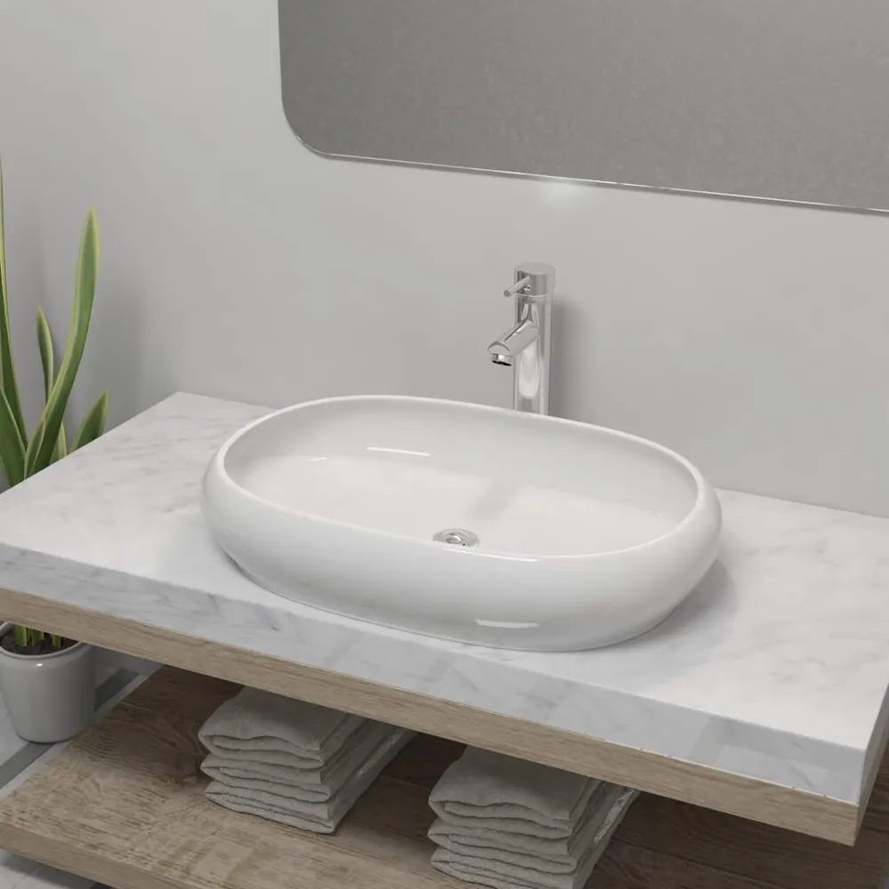 Umywalka z baterią mieszającą, ceramiczna, owalna, biał