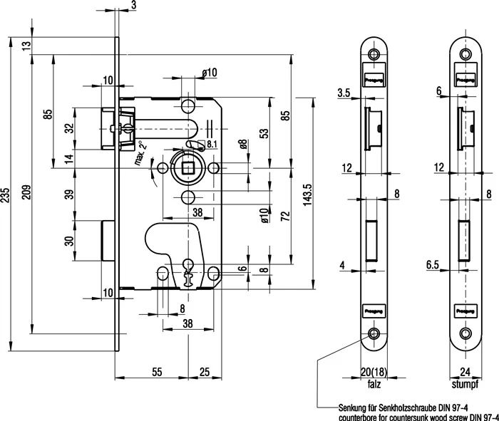 Zamek wpuszczany BKS 0215 ( 3000251045 ) BB 20/ 55/72/8 mm DIN lewy klasa 1 PVC-U