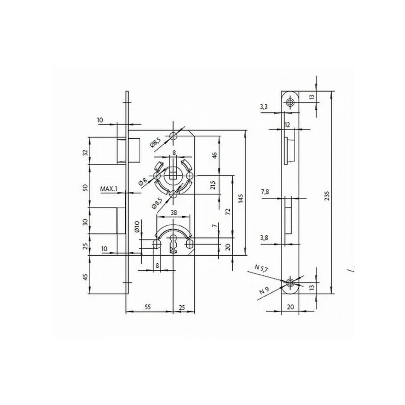 Zamek wpuszczany BKS 0215 BB 20/ 55/72/8 mm DIN prawy ( 3000251050 )