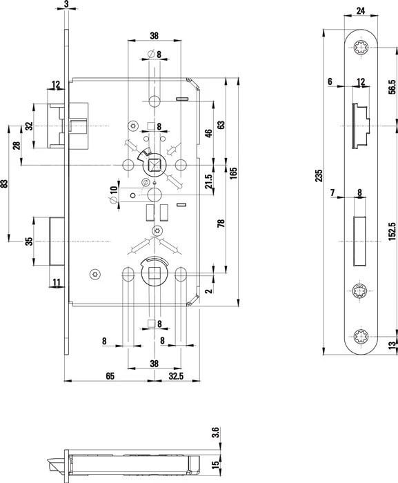 Zamek wpuszczany BKS 0515 BAD 20/ 65/78/8 mm DIN prawy ( 3000210505 )