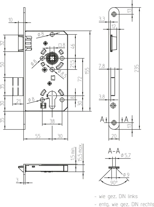 SSF Zamek wpuszczany PZW 20/ 55/72/8 mm DIN prawy ( 3000251015 )